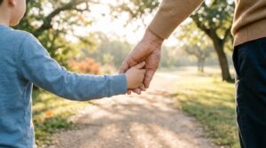 A parent and young child holding hands while walking together on a sunlit park path